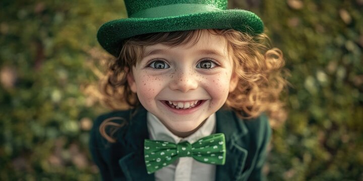 Happy Saint Patrick's Day! This image captures the joy of celebrating Irish heritage with a young child dressed in traditional St Paddy's day attire.