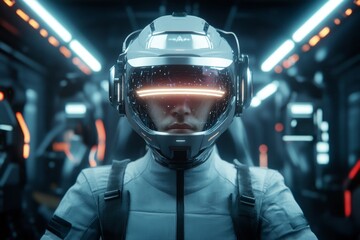 Fototapeta premium A cyberpunk-inspired scene of a hacker greatly illuminated by the glow of multiple holographic screens, surrounded by neon-lit wires and futuristic gadgets