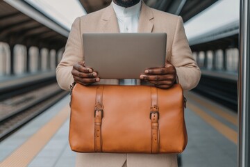 Fototapeta premium Smart-Casual Commuter Middle Eastern Man With Laptop on Sleek Train Platform - Remote Work Efficiency and Urban Design for Modern Business Mobility