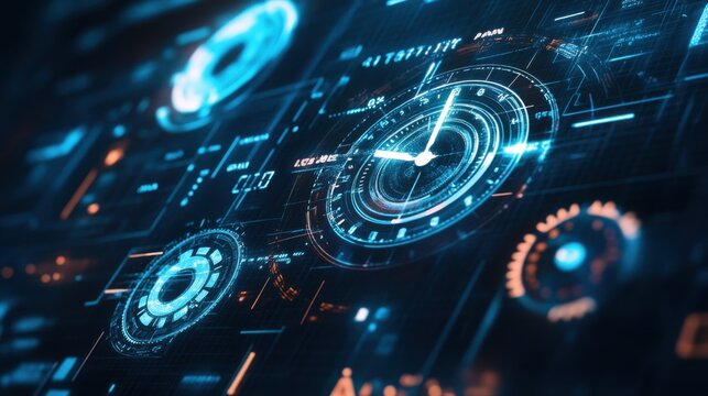 A conceptual image focusing on digital clocks with dynamic interface elements, Digital time management scene, Conceptual style