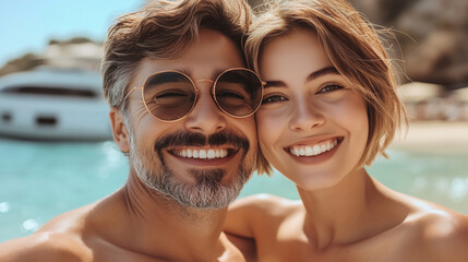 Happy couple embracing during a seaside vacation, smiling brightly under the sun with a yacht in the background. Concept of love, summer relaxation, and luxury travel