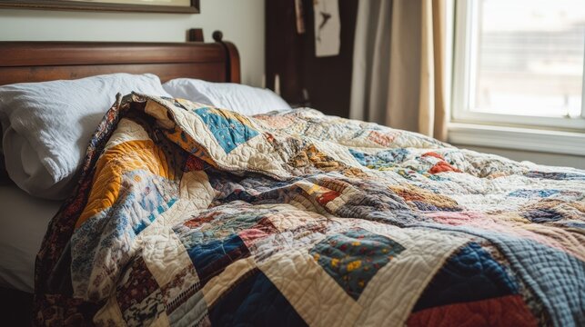 A large, colorful quilt covers a bed in a cozy bedroom.
