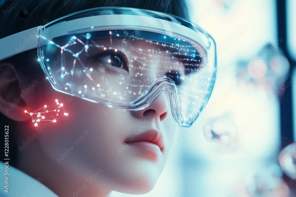 Aufkleber a detailed 3d depiction of a scientist peering through a futuristic augmented reality headset, obser