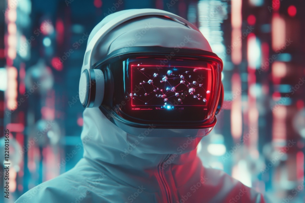 Poster A detailed 3D depiction of a scientist peering through a futuristic augmented reality headset, observing molecules floating in a holographic interface