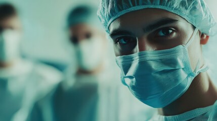 A man in a blue surgical mask is looking at the camera