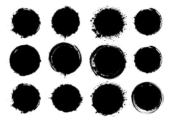 Black grunge round shapes. Brush strokes frames elements, frames for design. Vector isolated on white background.