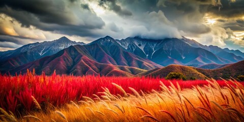 Majestic Los Angeles Mountain Range, Red Grass, Cloudy Day - Stock Photo