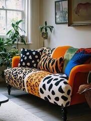 Safari-style sofa with bold patterns.