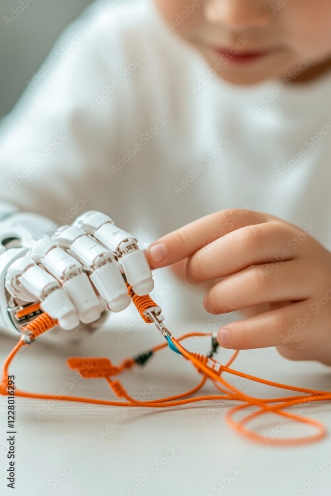 Poster playful tech young childs hands program robot with tablet - inspiring stem creativity and learning f