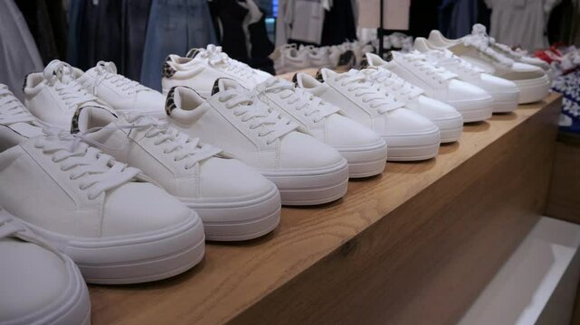 White classic sneakers standing in a row in a store. Casual shoes, new.