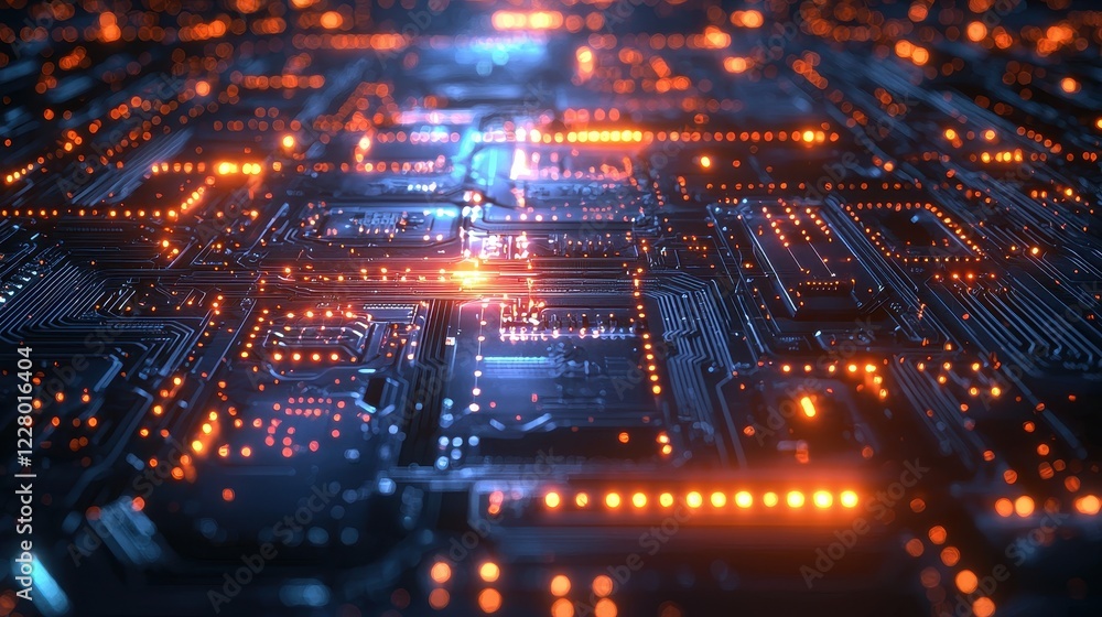 Poster a close-up view of a digital circuit board with glowing lights.