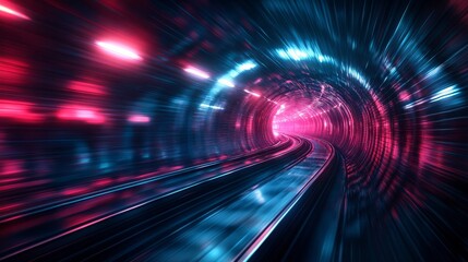 Obraz premium A tunnel with vivid neon lights creates a sense of speed and movement, featuring a futuristic and dynamic ambiance enhanced by the blur of vibrant colors.