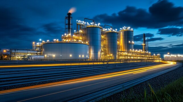A large industrial plant emits light against a dark night sky, with dramatic clouds creating a striking contrast and long light streaks from vehicles in motion.