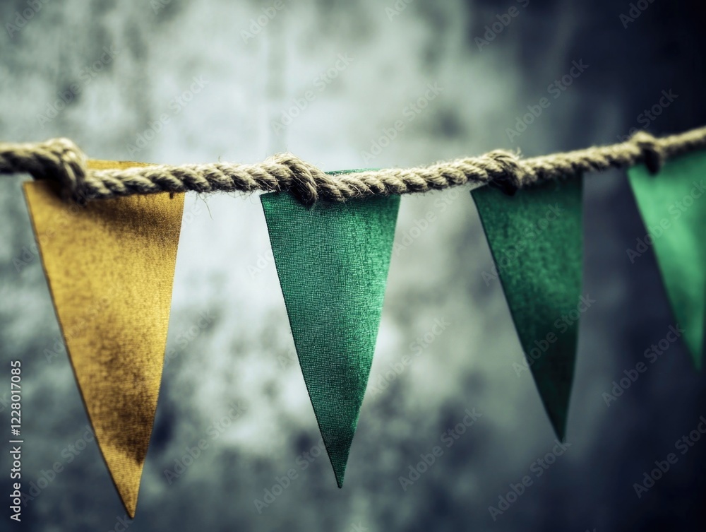 Poster set of three string-attached party flags in a variety of rainbow colors, featuring textured surfaces