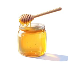 Honey jar, golden honey, wooden honey dipper, glass container, transparent jar, viscous liquid, sunlit honey, natural sweetener, organic food, macro photography, soft lighting, white background