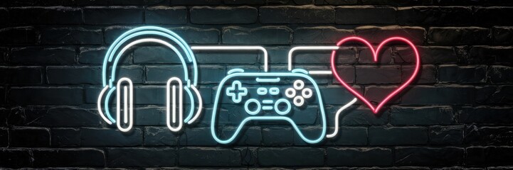 A neon sign with an image of a pair of headphones, a game controller and a heart connected to each other. The background is a dark brick wall. A banner with space for the text.