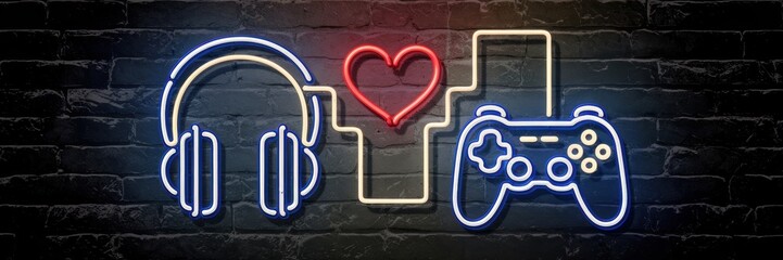 A neon sign with an image of a pair of headphones, a game controller and a heart connected to each other. The background is a dark brick wall. A banner with space for the text.