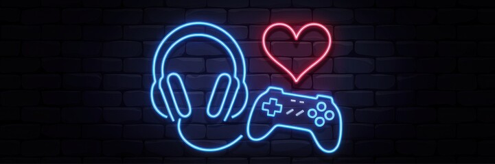 A neon sign with an image of a pair of headphones, a game controller and a heart connected to each other. The background is a dark brick wall. A banner with space for the text.