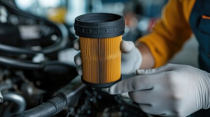 Close-up view of hands holding a car oil filter in a garage while performing maintenance on a vehicle's engine