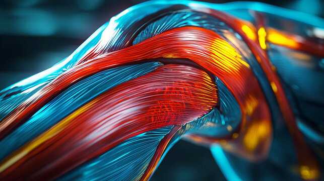 A close-up view of a hamstring muscle tear, highlighting the damaged tissue and blood vessels in vivid detail.