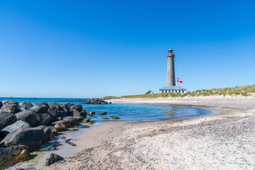 The Lighthouse Skagen Fyr at Grenen at the most northern tip of Denmark