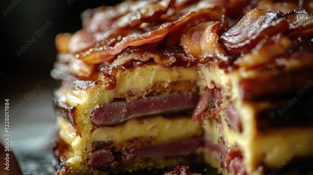 Poster a slice of bacon cake with a hole in the middle. the cake is made of bacon and has a creamy filling