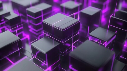 Obraz premium Abstract 3D rendering of interconnected gray cubes with vibrant purple neon lines.
