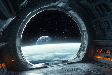 A highly detailed 3D depiction of a massive spaceship hatch opening in space, with a view of distant stars and a planet below