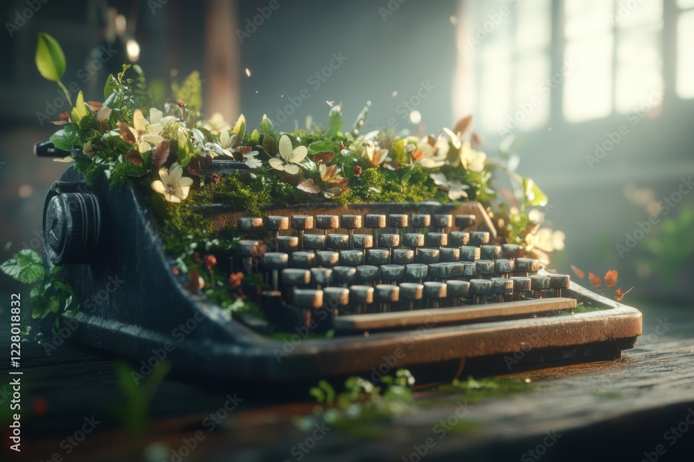 Poster a hyper-realistic close-up of an overgrown typewriter covered in moss and leaves, with light streami
