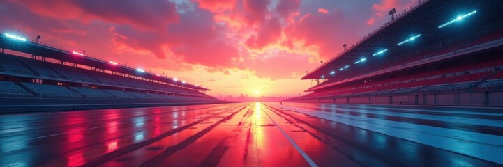 A vibrant sunset casts colorful reflections on a racetrack, symbolizing speed, competition, and adrenaline. Ideal for motorsports, events, or sports marketing.