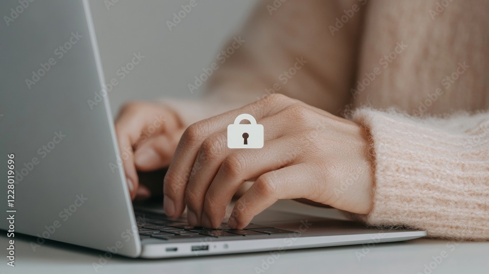 Poster Minimalist Cybersecurity in Professional Workspace Close-Up Typing Hands on Matte Laptop with Digital Padlock Icon - Enhancing Data Integrity in Modern Business Settings