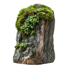 Natural log with vibrant green moss and foliage showcasing the beauty of decay and regeneration isolated on transparent background