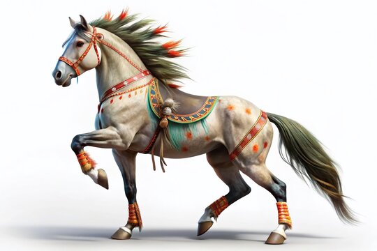 Majestic Roan War Horse Rearing, Native American War Paint, 3D Render