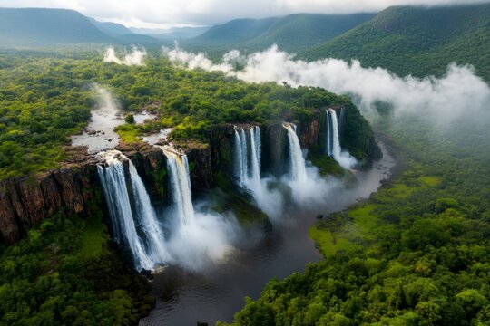 A majestic waterfall plunging into a serene pool below, greatly impressing tourists standing on a nearby observation deck
