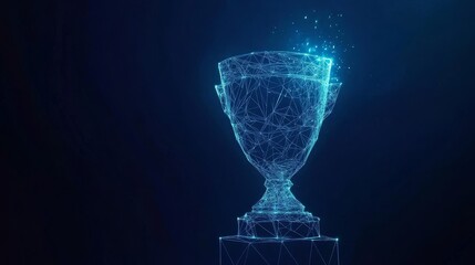 business trophy low poly wireframe. reward winner cup consisting of points, lines, and triangle. isolated on blue dark background. Business goal to success. forgot target and bullseye.