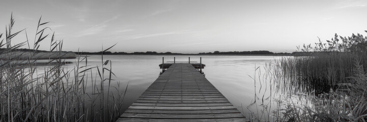 Naklejka premium A black and white image of a lake at sunset, over which a flock of birds flies. There is a wooden pier in the foreground, and tall grass grows along the water's edge. A banner with space for the text.