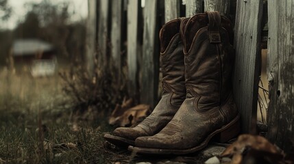 A pair of worn brown cowboy boots.
