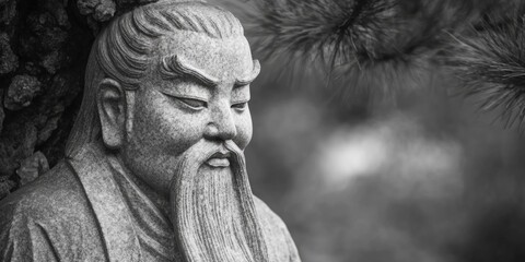 Chinese Buddha statue in monochrome with blurred background, symbolizing peace and wisdom.