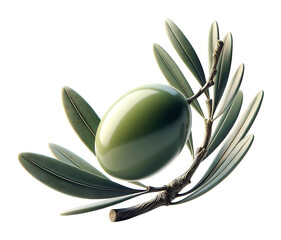 Isolated olive. Green olive fruit with leaves on a branch isolated on white background with clipping mask.
