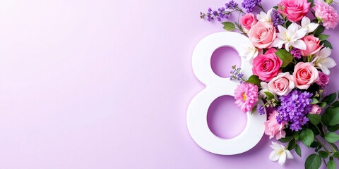 8 March background with spring flowers on purple background. International Women's Day celebration, greeting card design with roses and lilacs. Banner with copy space. Flat lay, top view