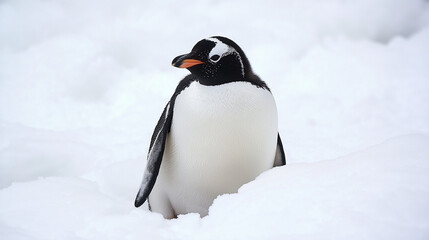 Obraz premium Penguin standing in snow landscape. Perfect for arctic wildlife and nature conservation themes.