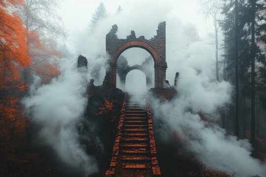 A moody scene of a crumbling Gothic archway, with insufficient bricks to hold the structure together, surrounded by mist and eerie shadows