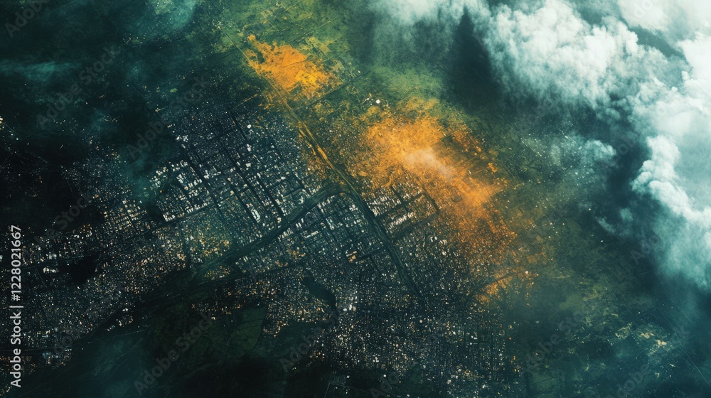 Canvas Prints a cityscape with a large orange cloud in the background