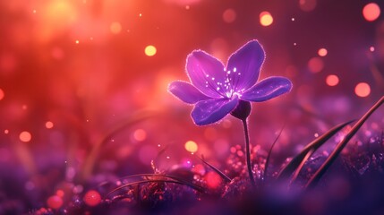 Glowing purple flower sunset meadow bokeh background, nature wallpaper