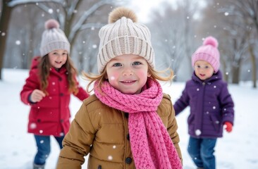 children playing in snow, cheerful kids in winter attire enjoying snowy day outdoors, playful winter fun - concept of snow playtime, kids' winter activities, joy in nature