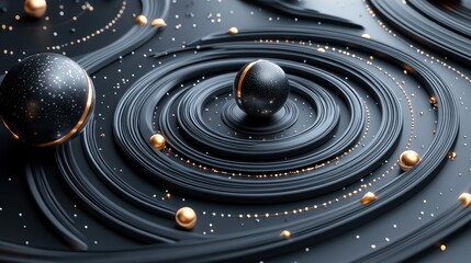 Obraz premium Abstract 3D rendering of swirling black and gold spheres.