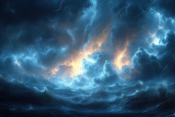 Dramatic storm clouds with lightning over ocean nature scene surreal atmosphere aerial view