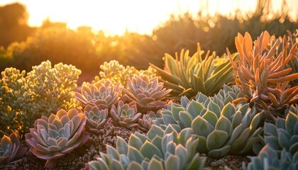 Succulents glowing in warm sunset light in a botanical garden