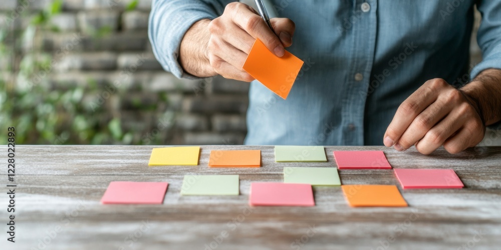 Poster dynamic team strategy hub creative workspace with vibrant sticky notes on wood - cutting-edge busine