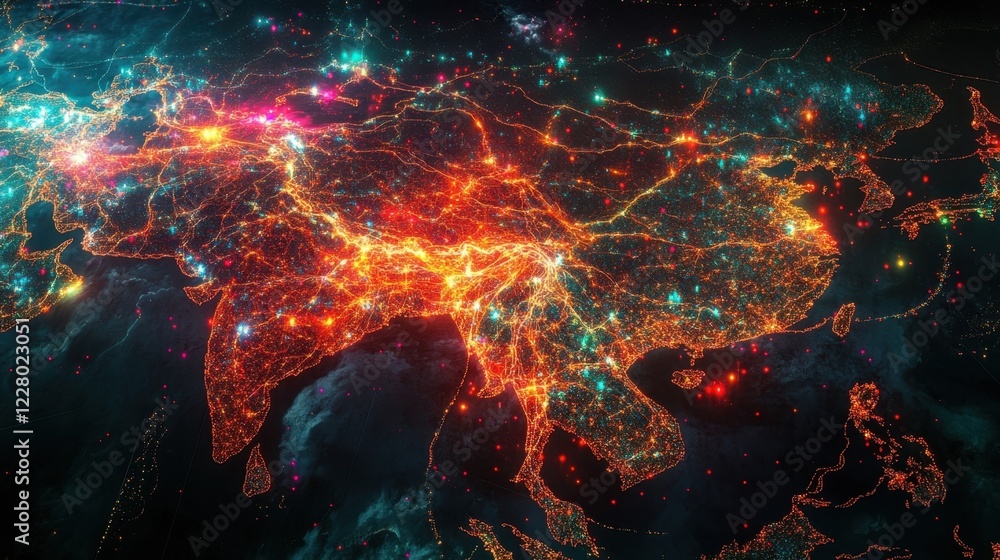 Poster glowing lines and dots representing population density illuminate asia at night, creating a captivat